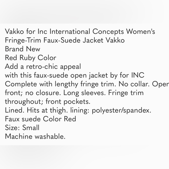 NWT INC Stunning FULL length sleeve Vegan Suede Ruby Red Fringe jacket - Picture 3 of 10